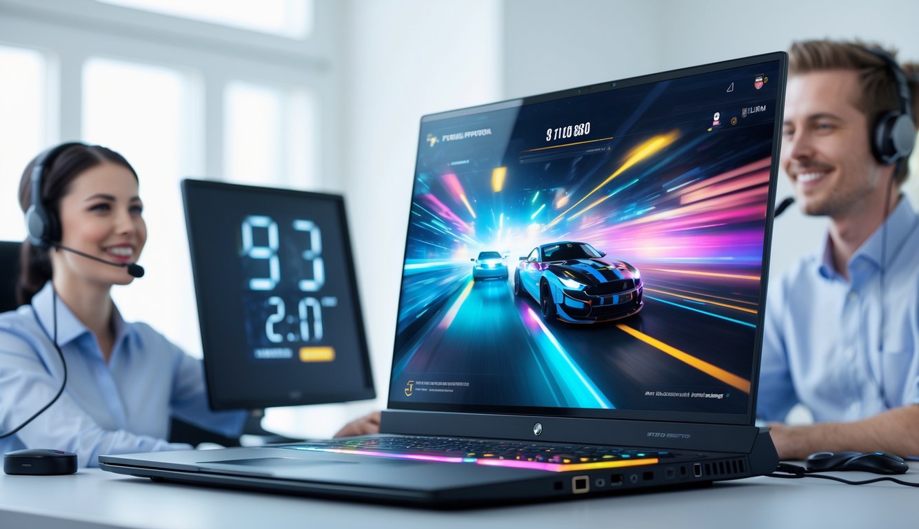 Seorang perwakilan layanan pelanggan yang ramah dengan headset di depan komputer yang menampilkan antarmuka permainan online yang dinamis dan cepat.