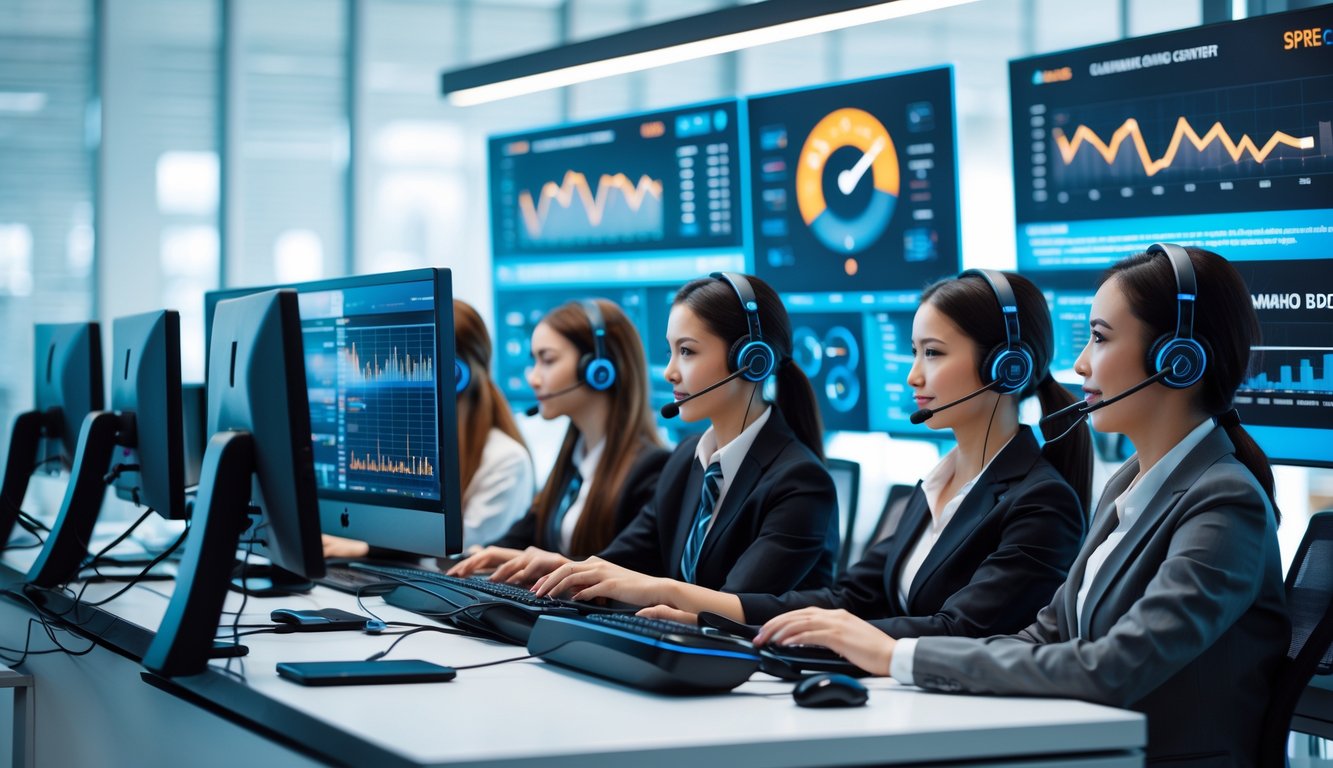 Seorang tim layanan pelanggan sedang bekerja di kantor modern dengan komputer dan headset, memberikan dukungan untuk layanan permainan online resmi dan cepat.