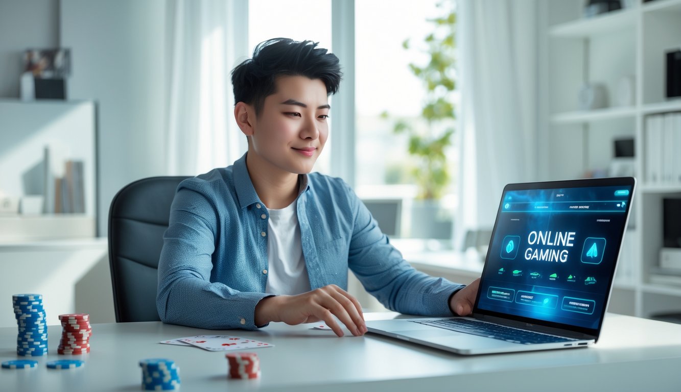 Seorang dewasa muda duduk di meja modern menggunakan laptop dengan elemen permainan kartu dan chip di sekitarnya.