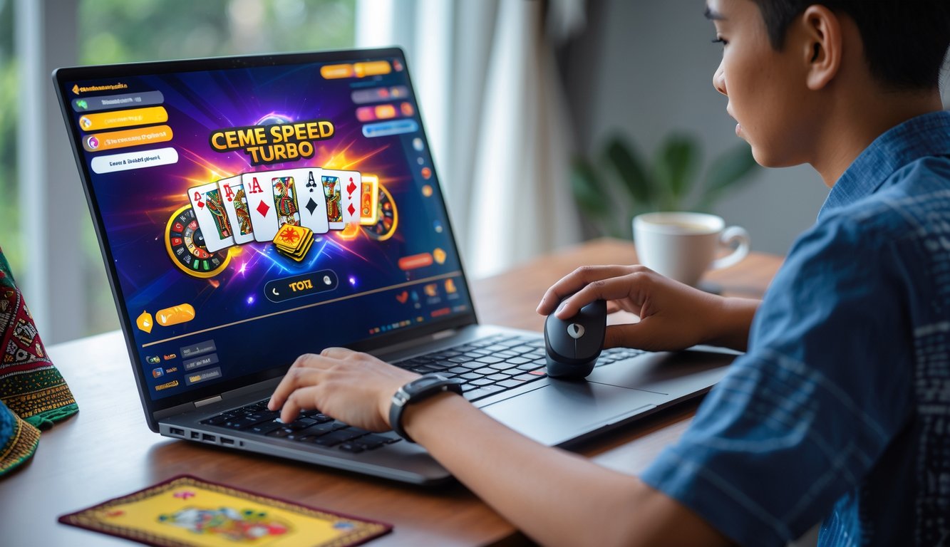 Seseorang sedang bermain permainan kartu Ceme Speed secara online di depan komputer di meja kerja yang rapi.