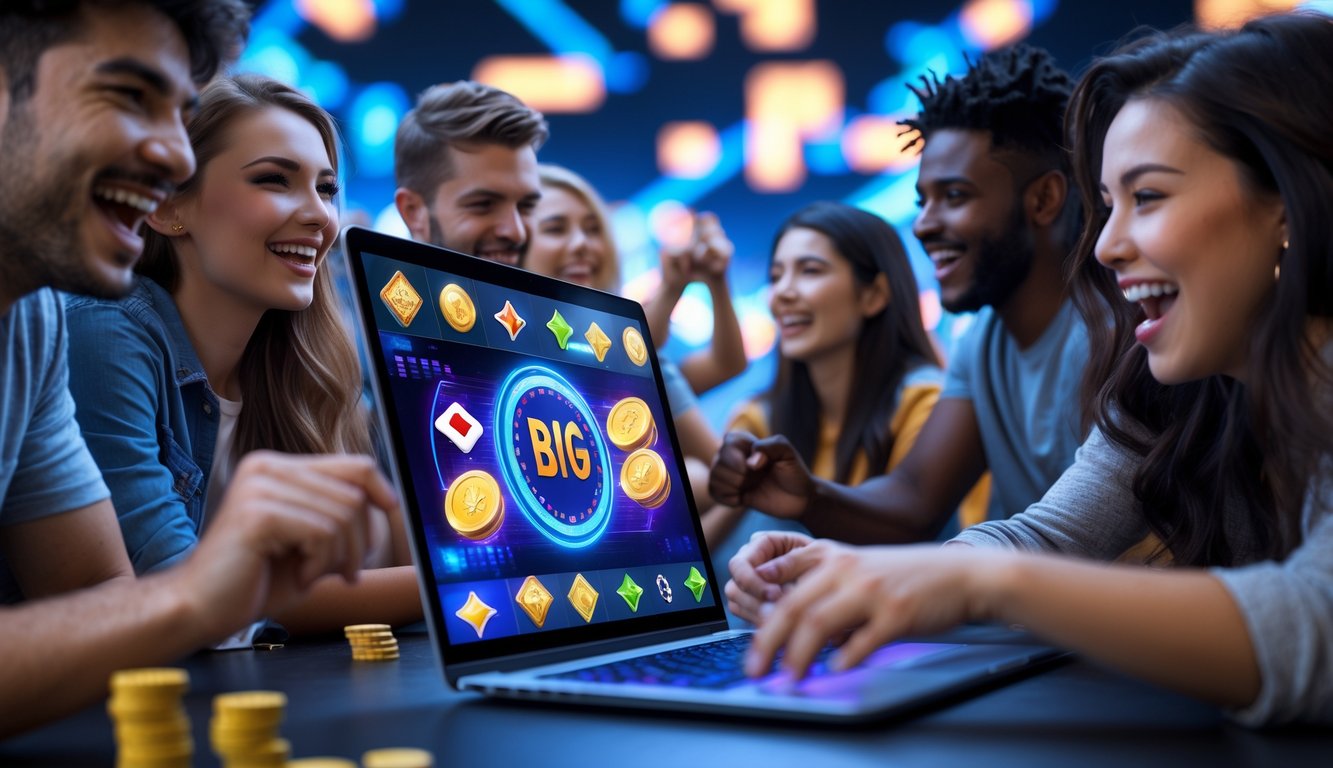 Sekelompok orang muda sedang bermain game online dengan komputer yang menampilkan antarmuka permainan kartu dan simbol jackpot, suasana ceria dan penuh semangat.