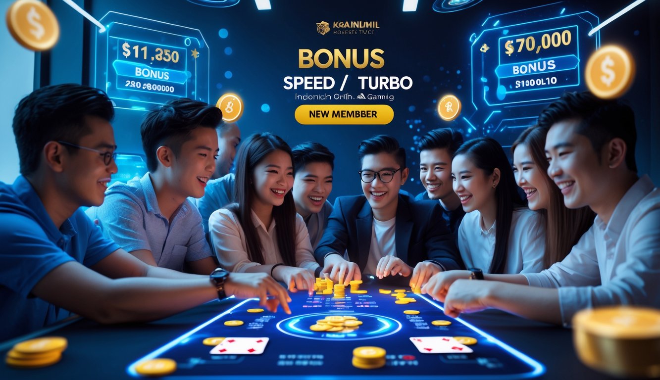 Beberapa orang muda berkumpul di sekitar meja digital bermain kartu online dengan suasana ceria dan pencahayaan modern.