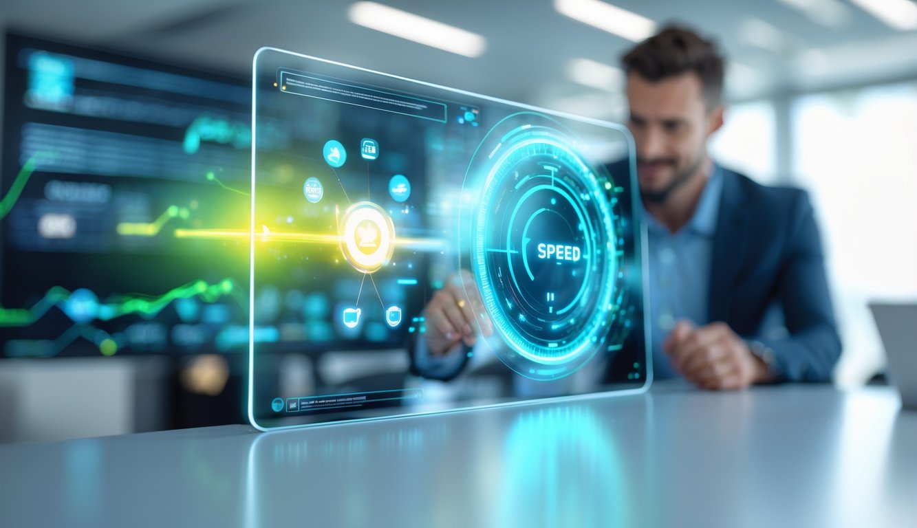 Seseorang menggunakan antarmuka digital modern yang menampilkan elemen kecepatan dan teknologi dalam lingkungan kantor yang bersih dan terang.