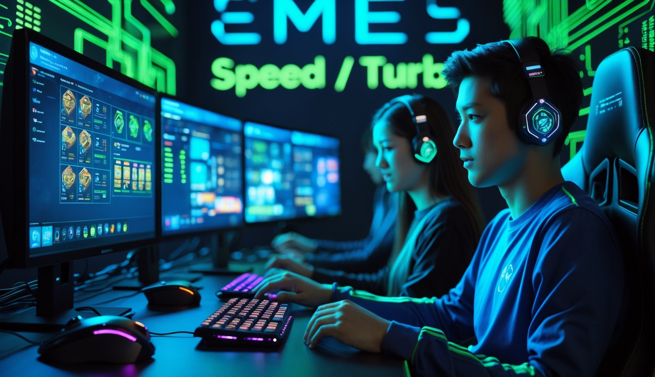 Dua pemain muda sedang bermain game kartu online dengan peralatan gaming modern dan tampilan server yang stabil di latar belakang.