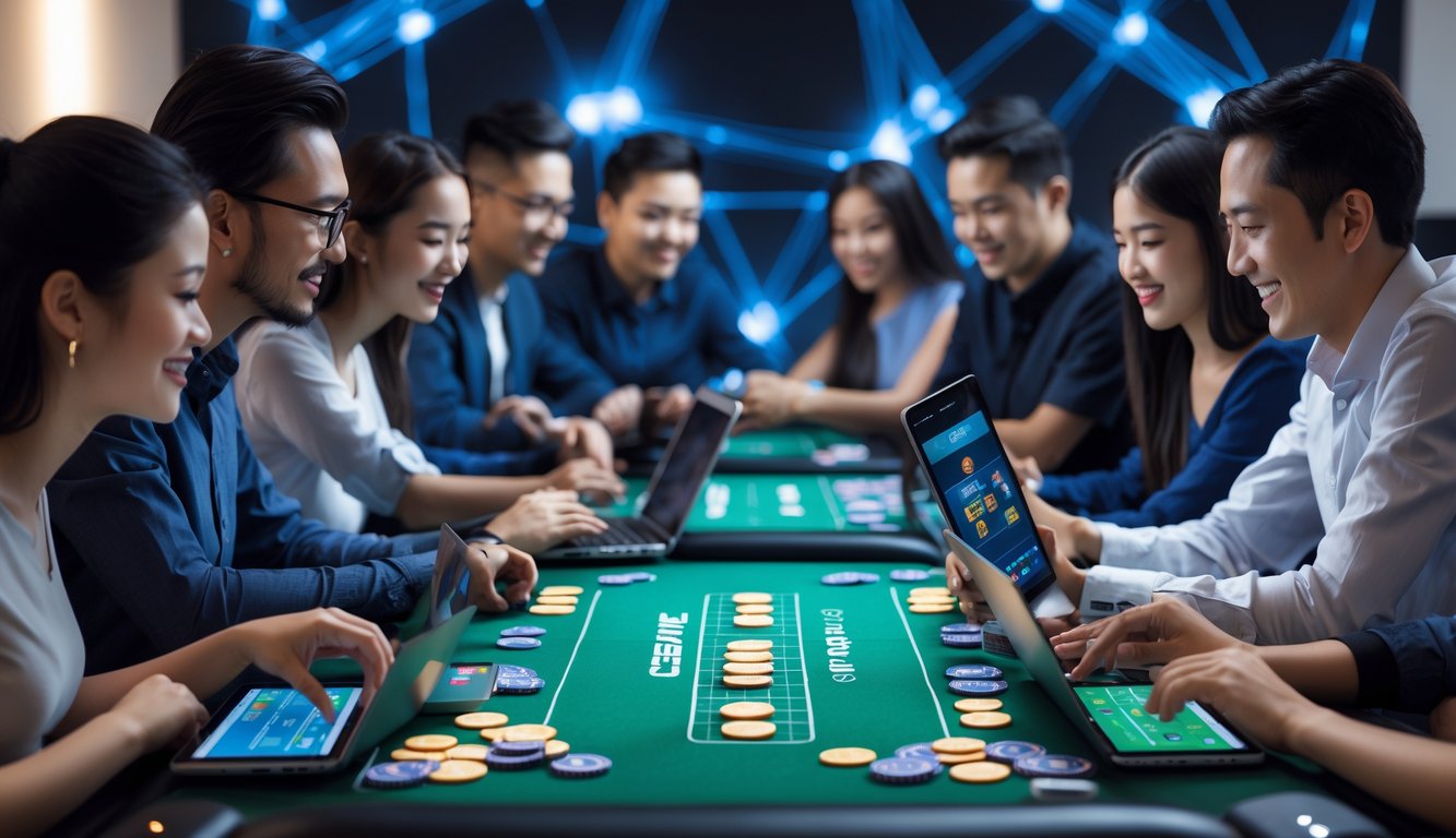 Sekelompok orang bermain game kartu Ceme Speed secara online dengan perangkat digital di meja permainan yang terang dan modern.