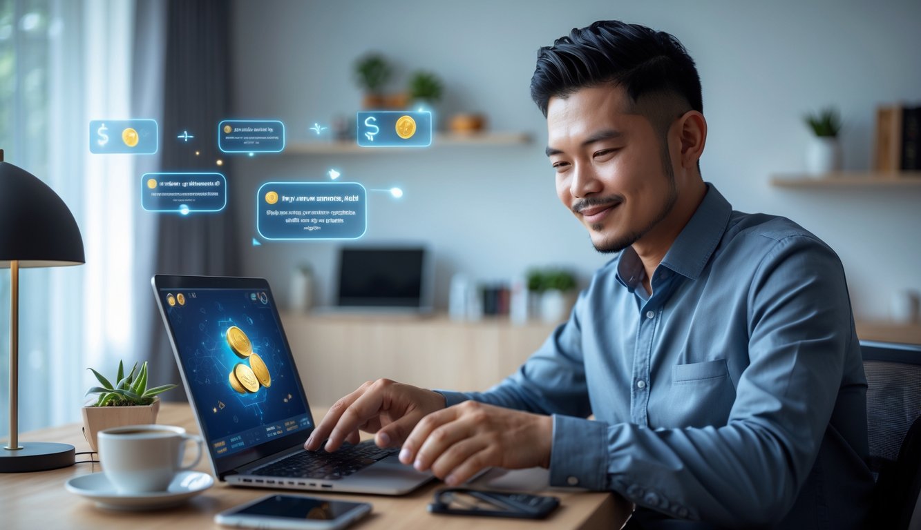 Seorang pria Indonesia sedang bermain kartu online dengan laptop di ruang kerja yang rapi dan terang.