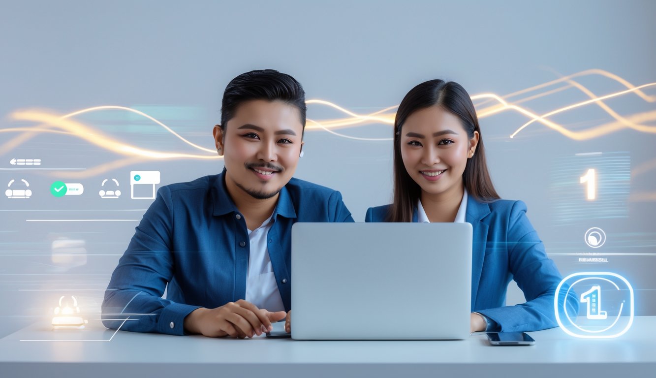 Dua orang Indonesia duduk di meja dengan laptop dan ponsel, terlihat fokus dan puas menggunakan layanan game online dengan suasana modern dan cerah.