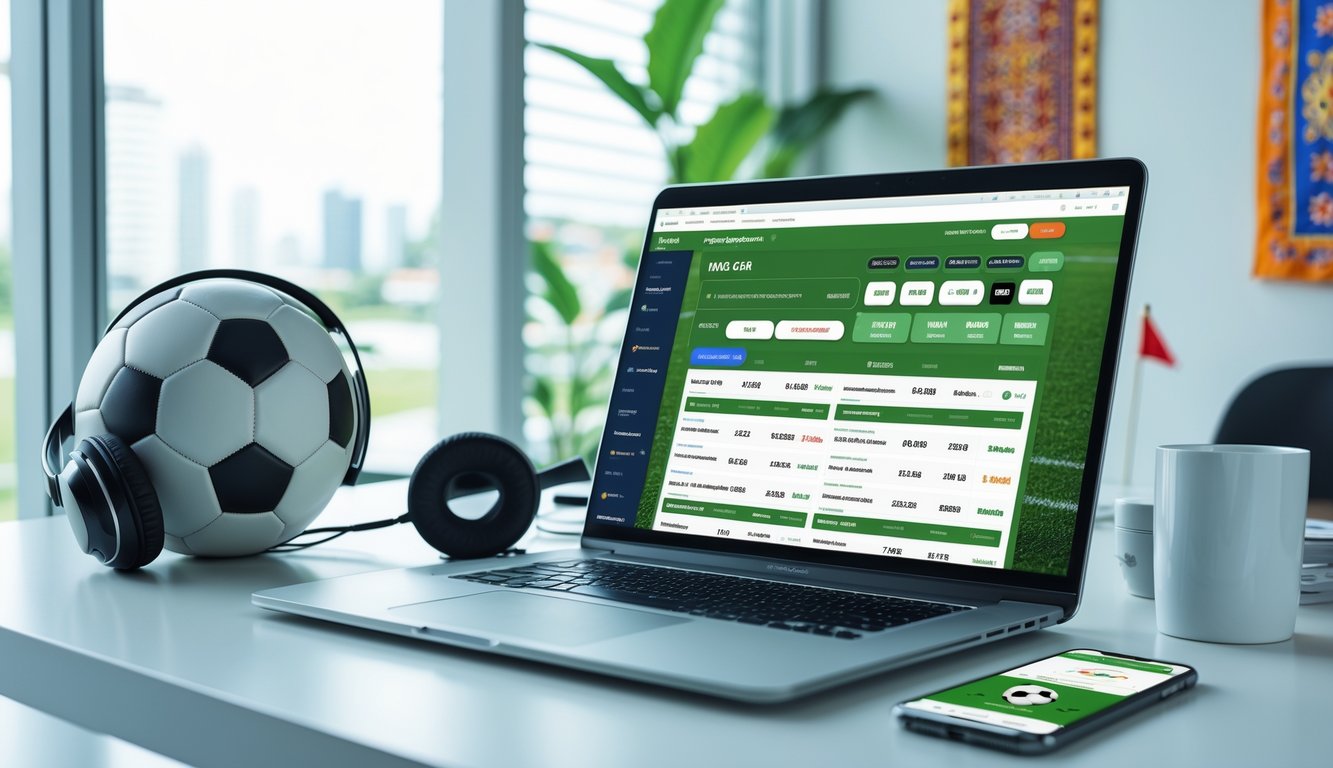 Seorang pria menggunakan laptop di meja kerja dengan bola sepak di sampingnya, menampilkan suasana taruhan bola online di Indonesia.