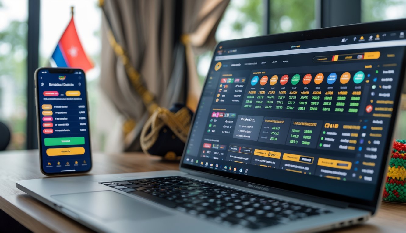 Seorang pengguna di meja kerja dengan laptop dan ponsel yang menampilkan tampilan taruhan olahraga online, dengan elemen budaya Indonesia di latar belakang.