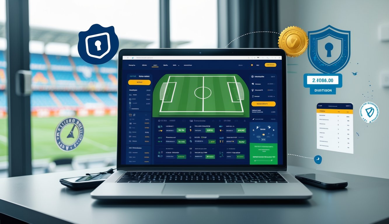 Seorang pria menggunakan laptop dengan tampilan situs taruhan bola online, menunjukkan berbagai pilihan taruhan dan statistik pertandingan sepak bola.