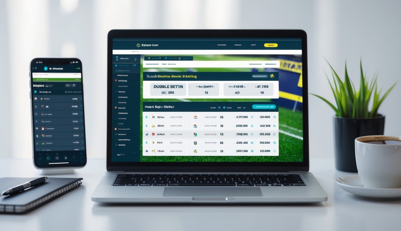 Seorang pengguna duduk di depan laptop yang menampilkan situs taruhan bola online dengan berbagai pilihan taruhan dan angka peluang, di meja terdapat ponsel, secangkir kopi, dan buku catatan.