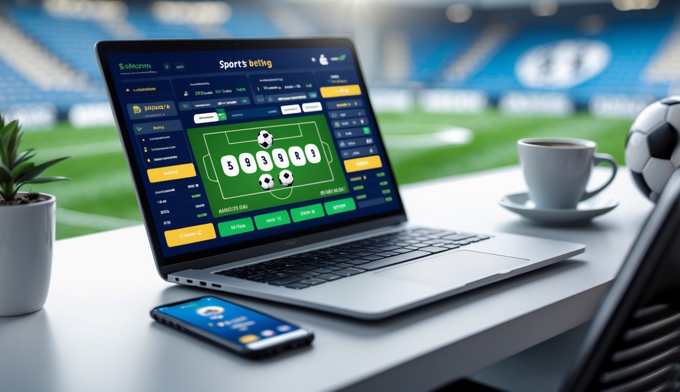 Seorang pria menggunakan laptop dan smartphone untuk memasang taruhan sepak bola online di meja kerja dengan bola sepak di latar belakang.