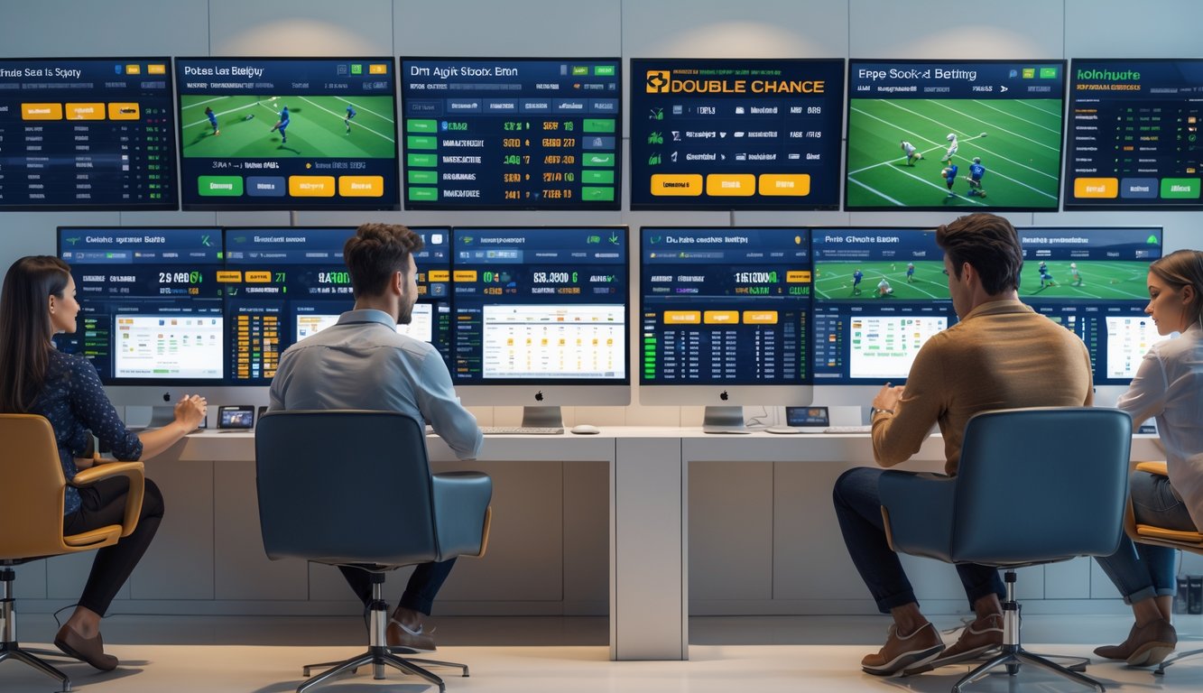 Beberapa orang menggunakan komputer dan laptop untuk memasang taruhan olahraga secara online di sebuah ruangan modern.