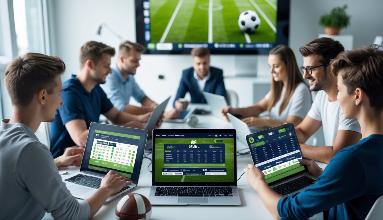 Beberapa orang muda menggunakan perangkat digital untuk taruhan sepak bola online di ruang kerja modern dengan layar menampilkan pertandingan sepak bola.