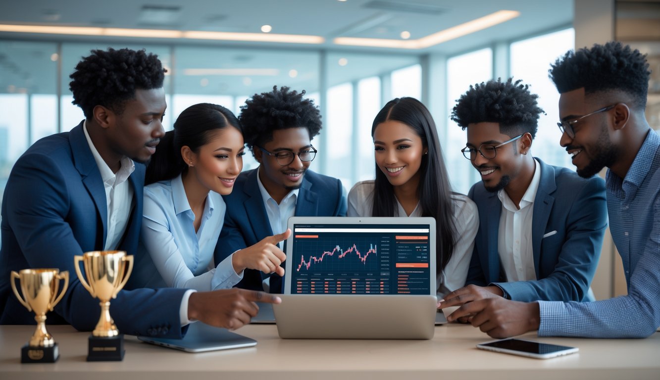 Sekelompok orang muda sedang berdiskusi di sekitar laptop di kantor modern dengan layar menampilkan grafik data taruhan olahraga online.