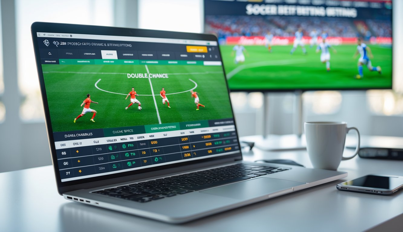Meja kerja dengan laptop yang menampilkan antarmuka taruhan sepak bola online, ponsel, dan secangkir kopi, dengan layar besar menampilkan pertandingan sepak bola langsung di latar belakang.