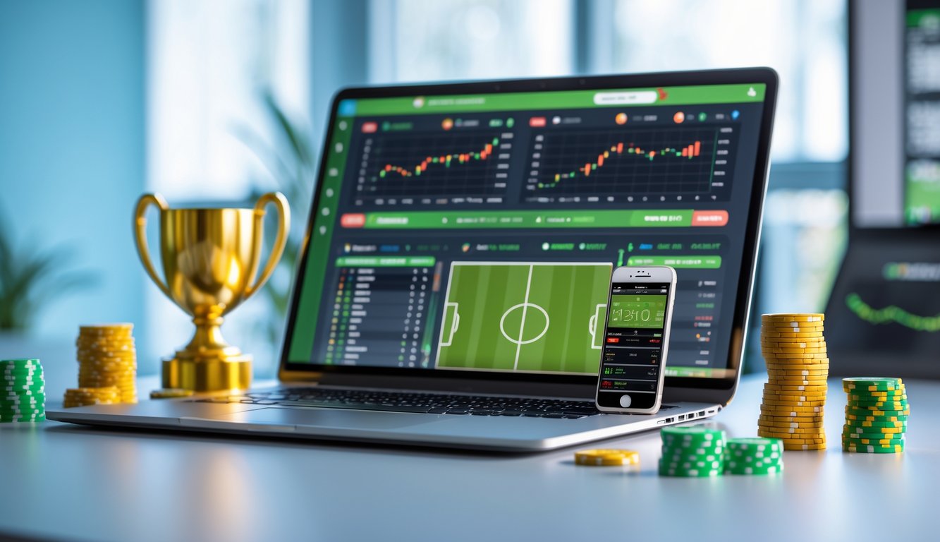 Seorang pria menggunakan laptop dan ponsel untuk memasang taruhan sepak bola online di meja kerja modern.