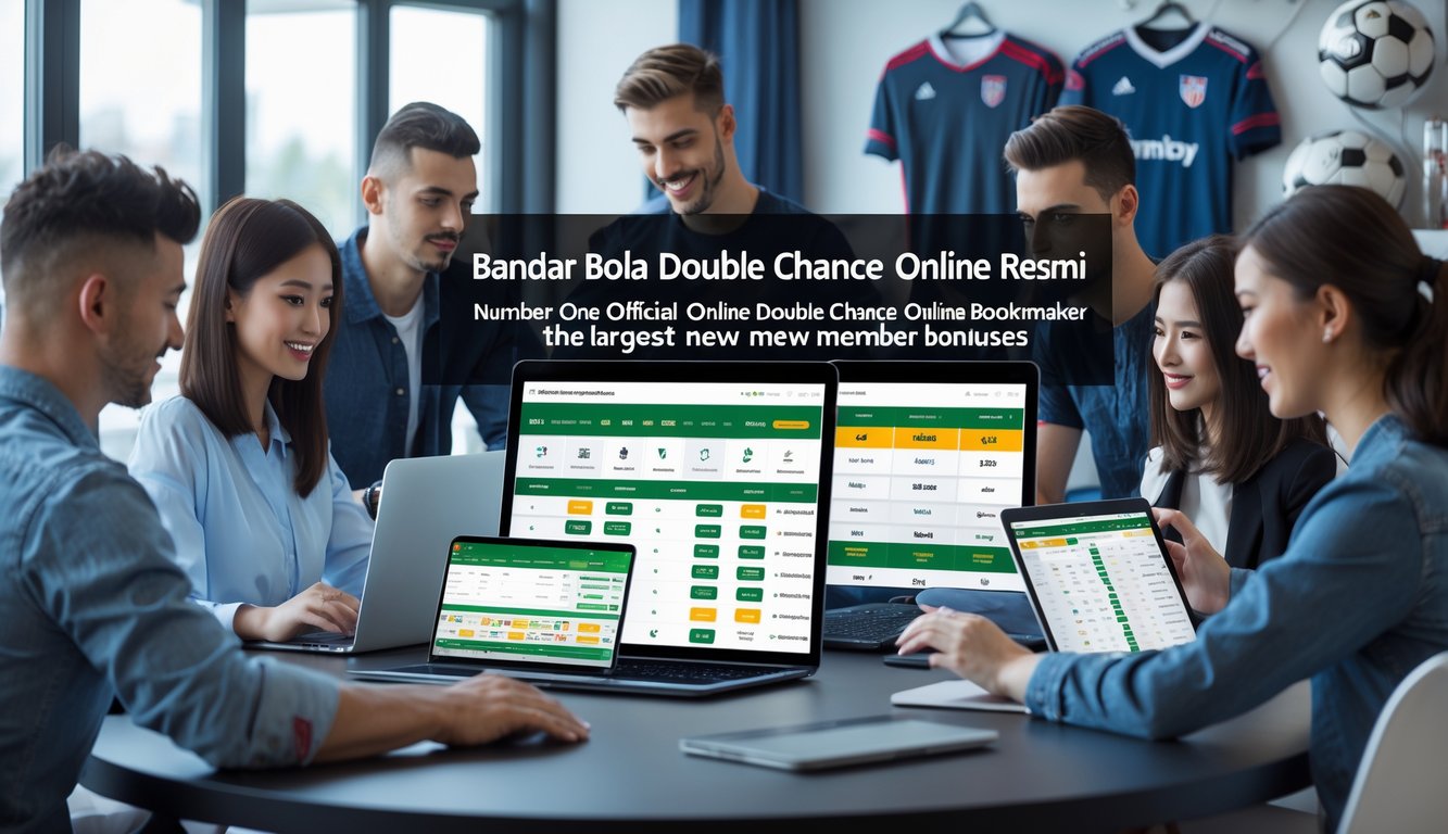 Sekelompok orang muda menggunakan perangkat digital untuk memasang taruhan bola secara online di lingkungan modern dan profesional.