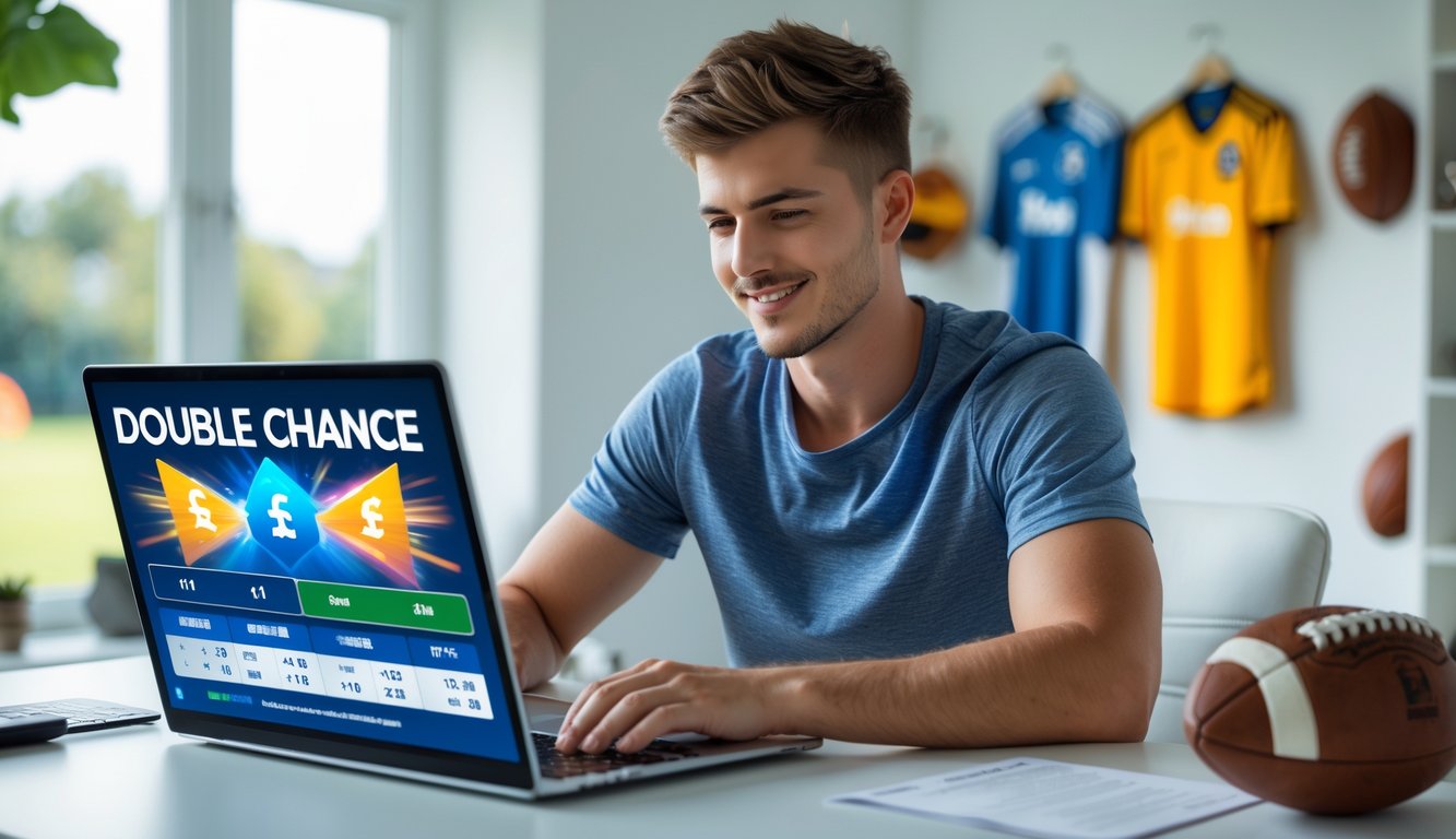 Seorang pria muda duduk di depan laptop di ruang kerja dengan perlengkapan sepak bola di latar belakang, terlihat fokus menggunakan platform taruhan olahraga online.