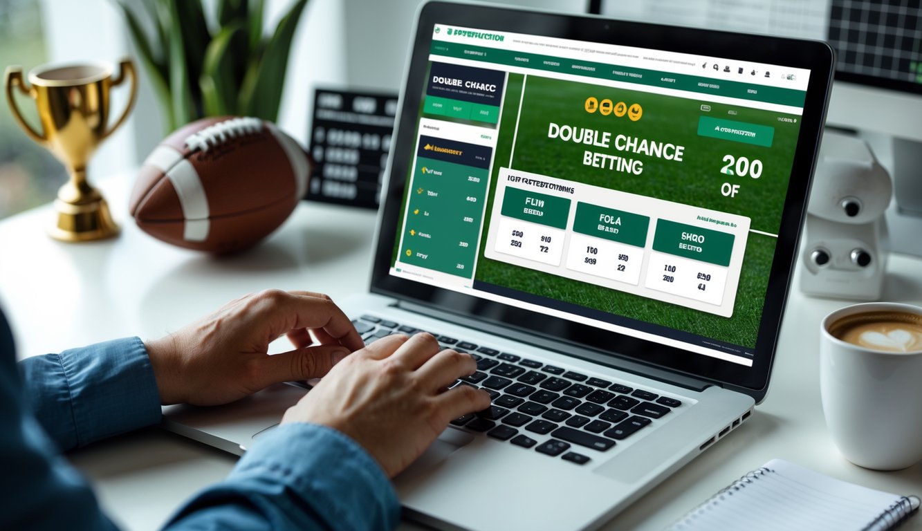 Orang menggunakan laptop di meja kerja dengan tampilan antarmuka taruhan sepak bola online dan bola sepak di latar belakang.