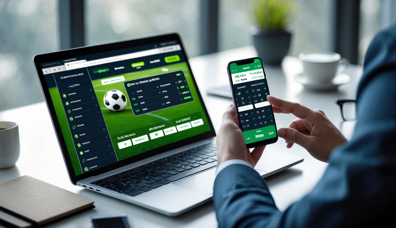 Orang menggunakan laptop dan ponsel untuk bertaruh pada pertandingan sepak bola secara online di meja kerja yang rapi.