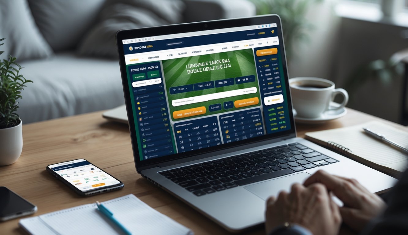 Seorang pria duduk di depan laptop dengan tampilan situs taruhan bola online, dikelilingi oleh ponsel dan alat tulis di meja kerja.