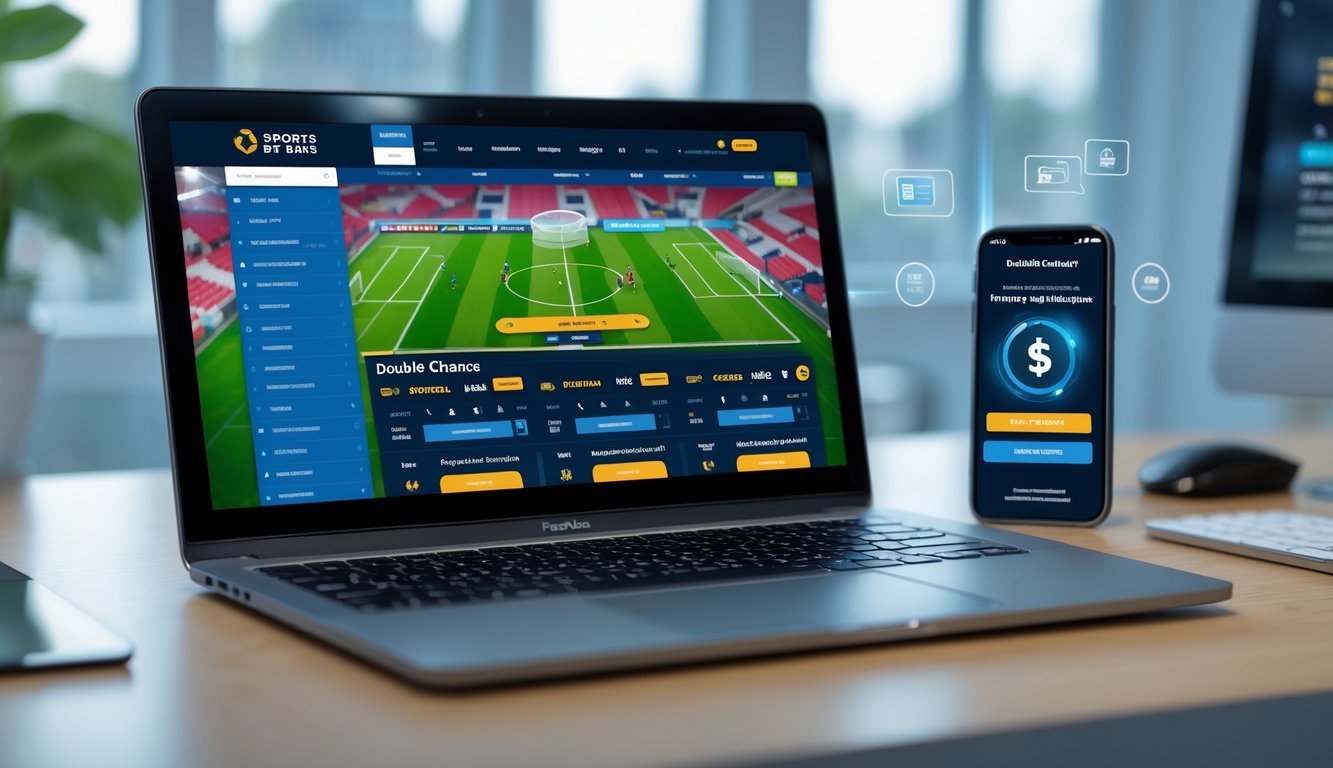 Seseorang menggunakan laptop dan ponsel untuk memasang taruhan bola online dengan suasana kerja yang profesional.