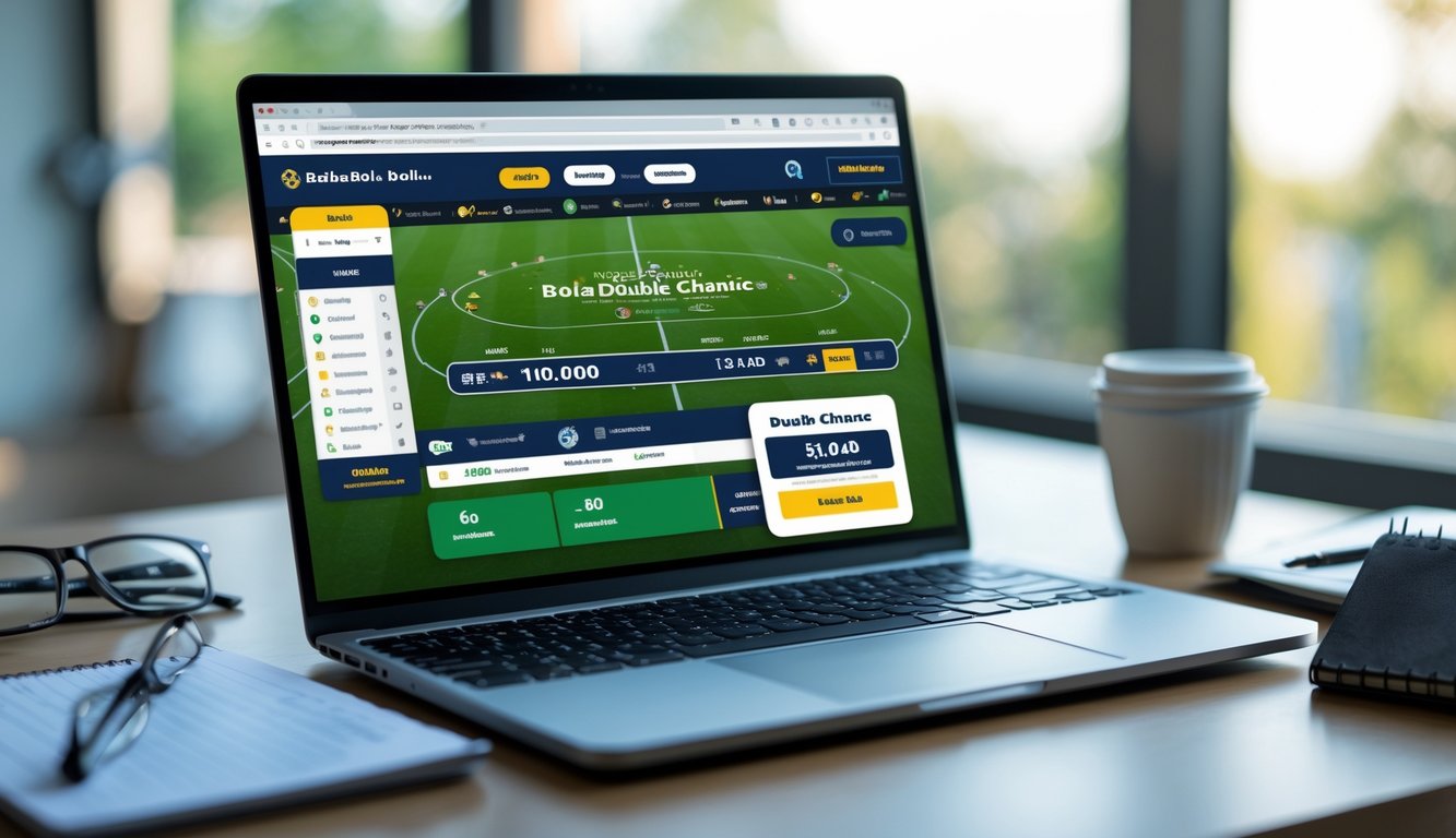 Seorang pria menggunakan laptop dan ponsel pintar untuk memasang taruhan bola online di meja kerja dengan suasana terang dan profesional.