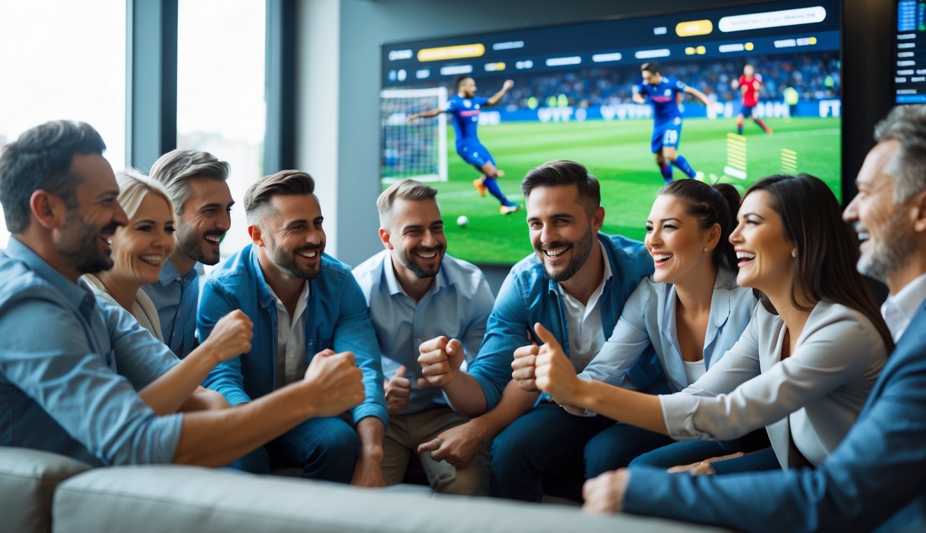 Sekelompok orang yang antusias menonton pertandingan sepak bola secara online dan merayakan kemenangan bersama.