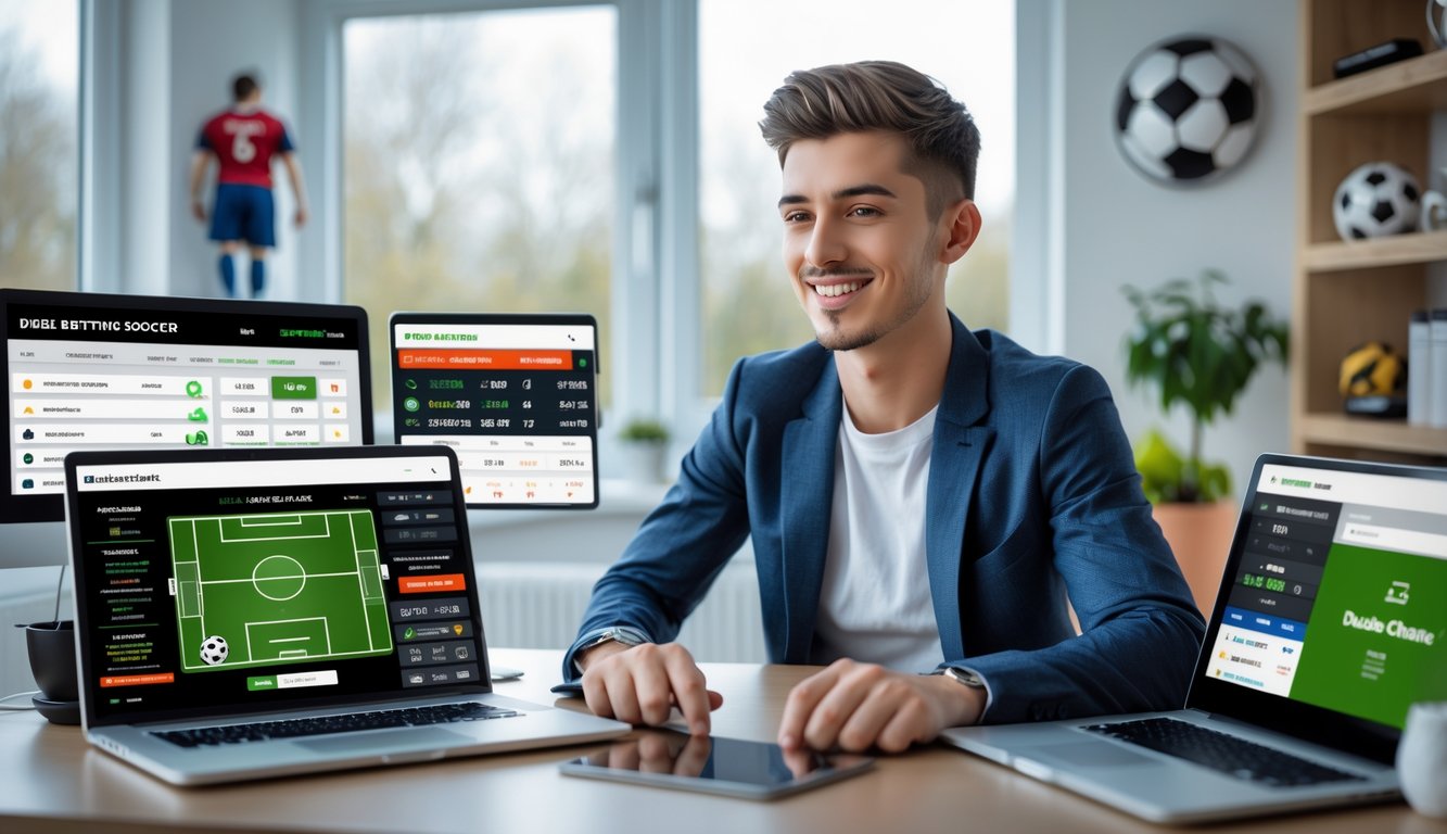 Seorang pria muda duduk di meja dengan beberapa perangkat digital yang menampilkan taruhan sepak bola online, terlihat fokus dan antusias.
