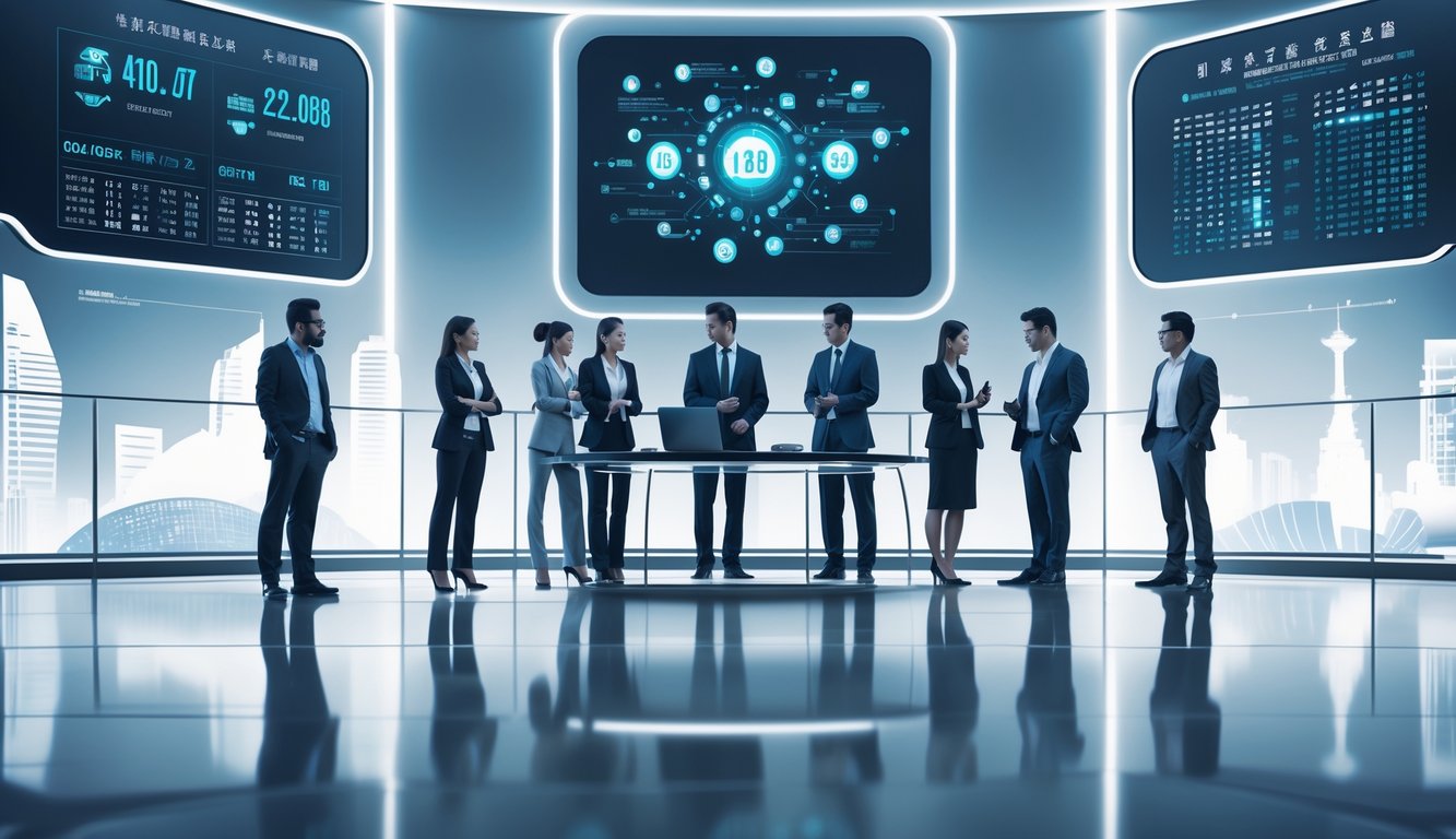 Sekelompok profesional sedang berdiskusi di ruang kerja modern dengan layar komputer menampilkan data dan grafik terkait permainan togel, dengan latar belakang elemen yang menggambarkan Macau.