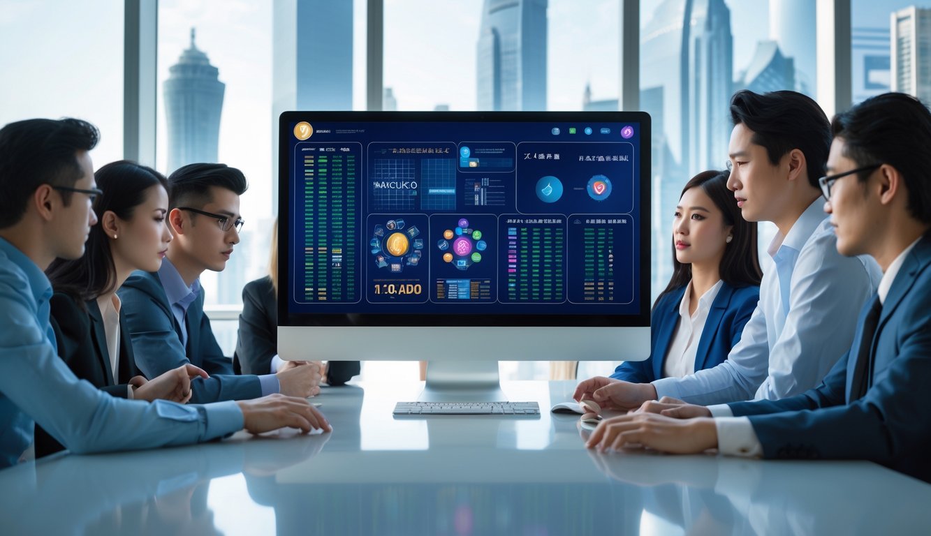 Sekelompok profesional sedang bekerja di depan layar komputer besar yang menampilkan data dan grafik terkait sistem togel, dengan latar belakang kota Macau yang samar.