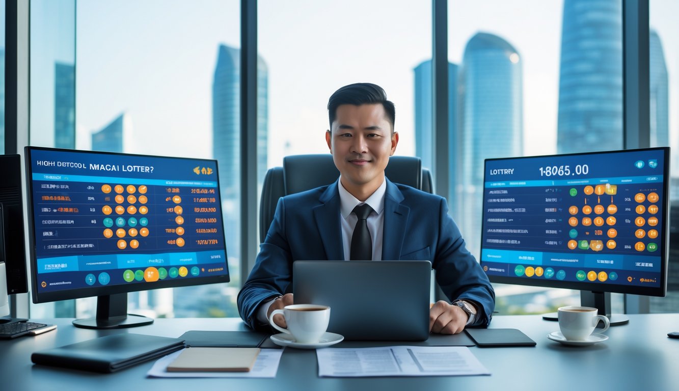 Seorang pria bisnis Indonesia duduk di meja kantor modern sambil melihat layar komputer yang menampilkan grafik dan data.