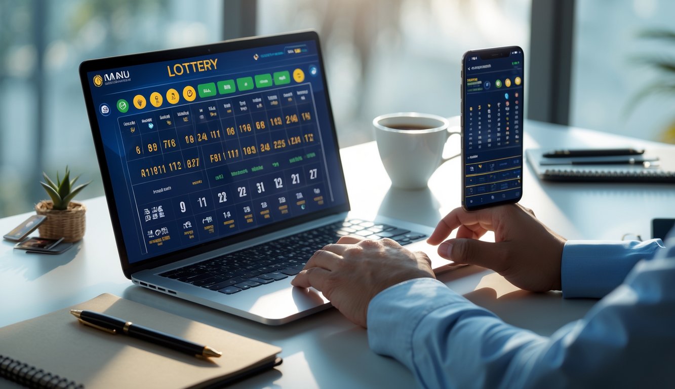 Seseorang menggunakan laptop dan ponsel di meja kerja yang rapi dengan secangkir kopi di sampingnya.