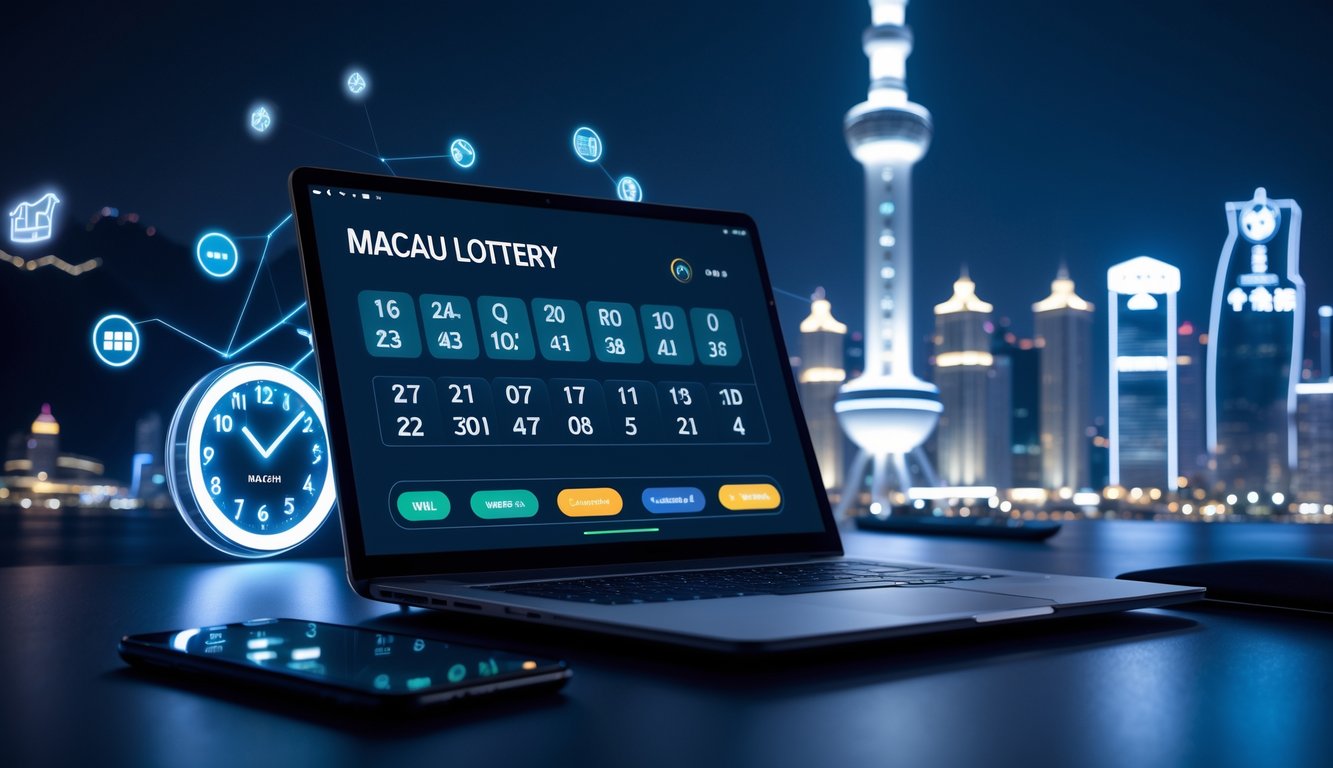 Suasana ruang kerja modern dengan laptop menampilkan antarmuka lotere digital, latar belakang menampilkan pemandangan malam kota Macau dengan menara ikonik, dan elemen yang menunjukkan layanan online 24 jam.