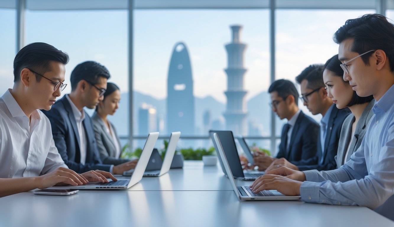 Orang-orang menggunakan laptop dan ponsel di ruang kantor modern dengan latar belakang siluet kota Macau.