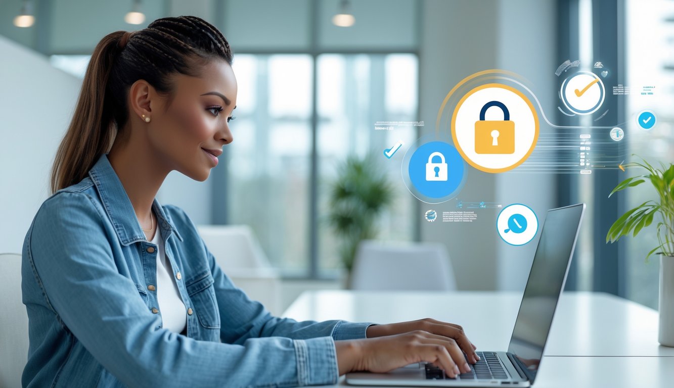 Seorang pemain baru menggunakan laptop di ruang kerja modern dengan elemen visual yang menunjukkan transaksi cepat dan aman.