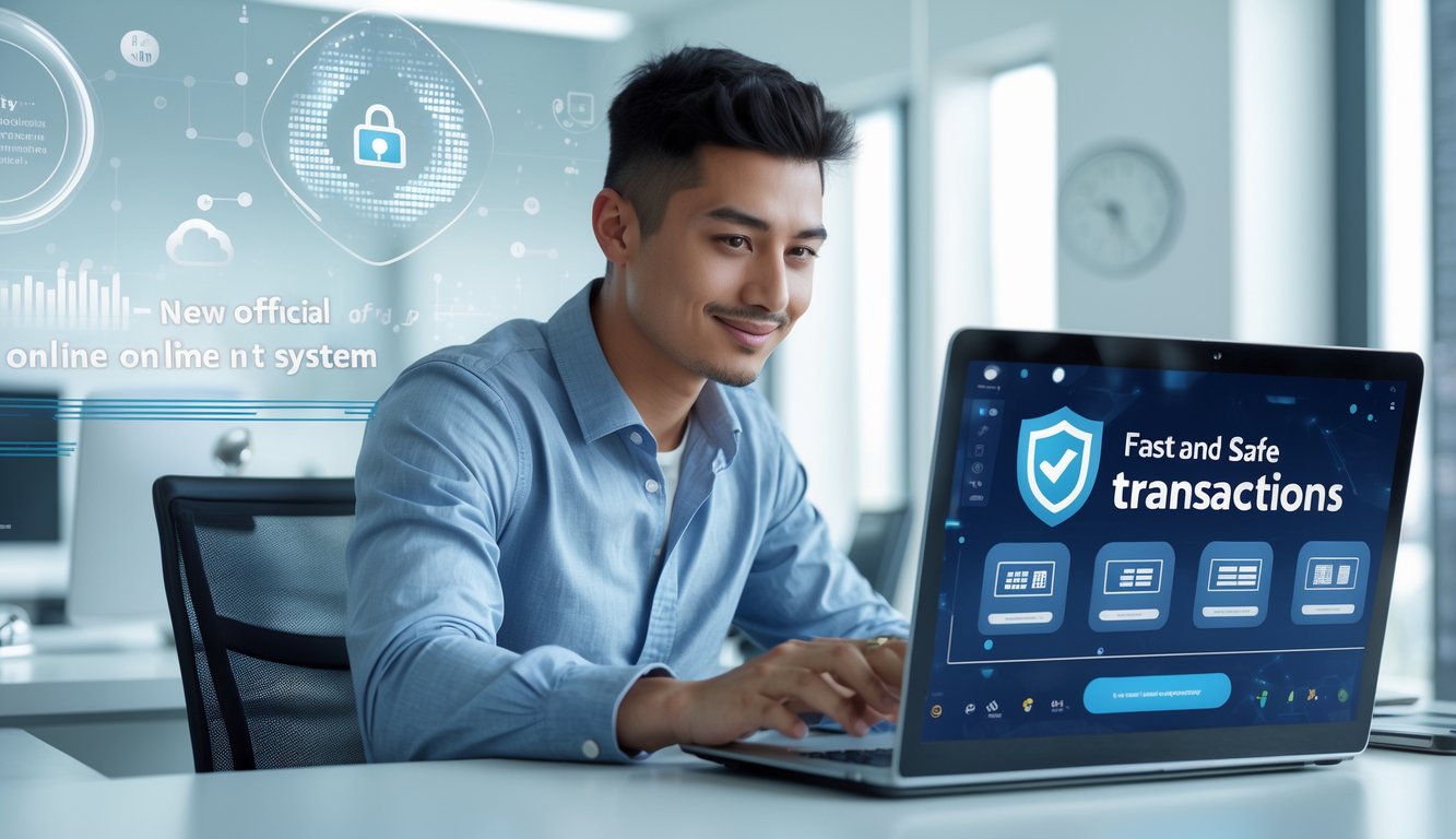 Seorang pria muda duduk di meja kerja modern menggunakan laptop yang menampilkan transaksi online yang aman dan cepat.