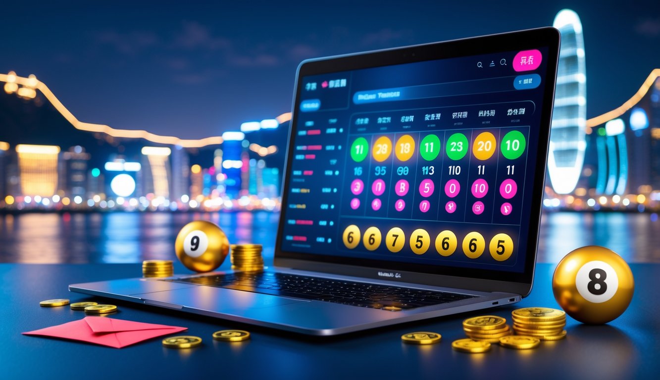 Perangkat digital menampilkan antarmuka togel dengan koin emas dan bola togel di latar depan, latar belakang kota Macau malam hari dengan lampu terang.