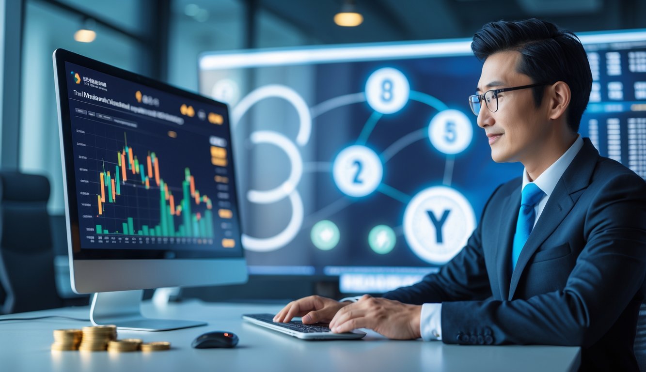 Seorang pebisnis Asia duduk di meja modern sambil melihat grafik di layar komputer di kantor yang terang dan profesional.