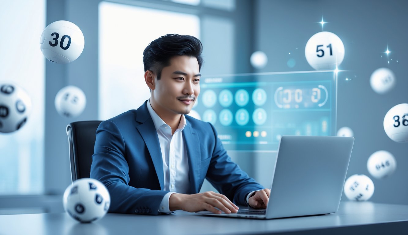 Seorang pria Asia Tenggara duduk di meja modern menggunakan laptop dengan latar belakang elemen permainan lotere digital yang samar.