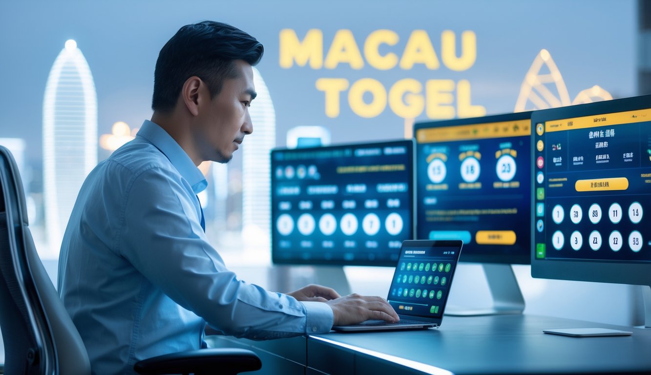 Seorang pria dewasa menggunakan laptop dan ponsel di meja dengan layar digital yang menampilkan angka lotere dan grafik, dengan latar belakang samar pemandangan kota Macau.
