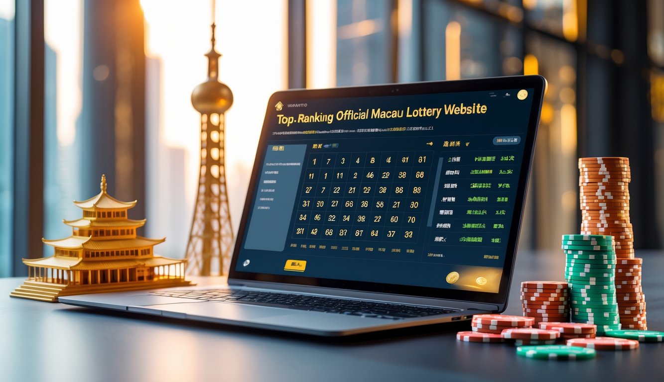 Sebuah meja kerja modern dengan laptop yang menampilkan antarmuka angka togel, model mini Menara Macau, dan beberapa chip judi tertata rapi di sekitarnya.