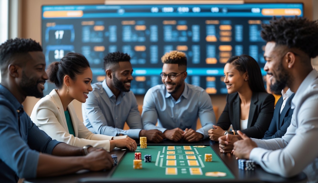 Sekelompok orang yang fokus bermain permainan strategi di ruangan modern dengan layar digital dan peralatan permainan di atas meja.