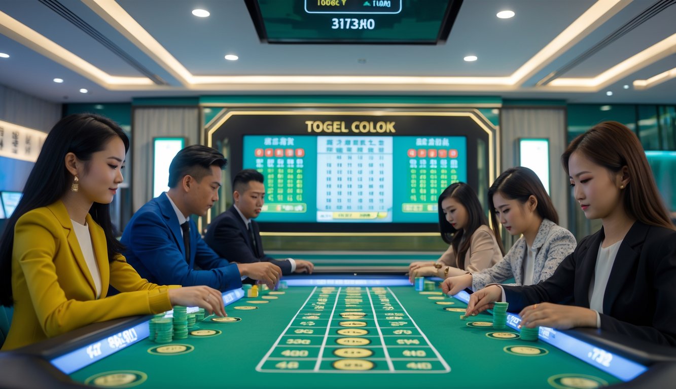 Sekelompok pemain sedang fokus bermain permainan togel di meja dengan layar digital di ruangan modern yang terang.