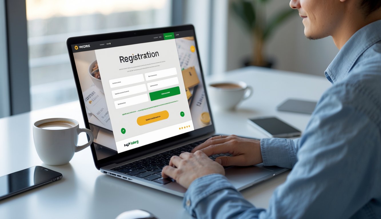 Seseorang sedang mendaftar di situs togel online menggunakan laptop di ruang kerja yang rapi dan terang.