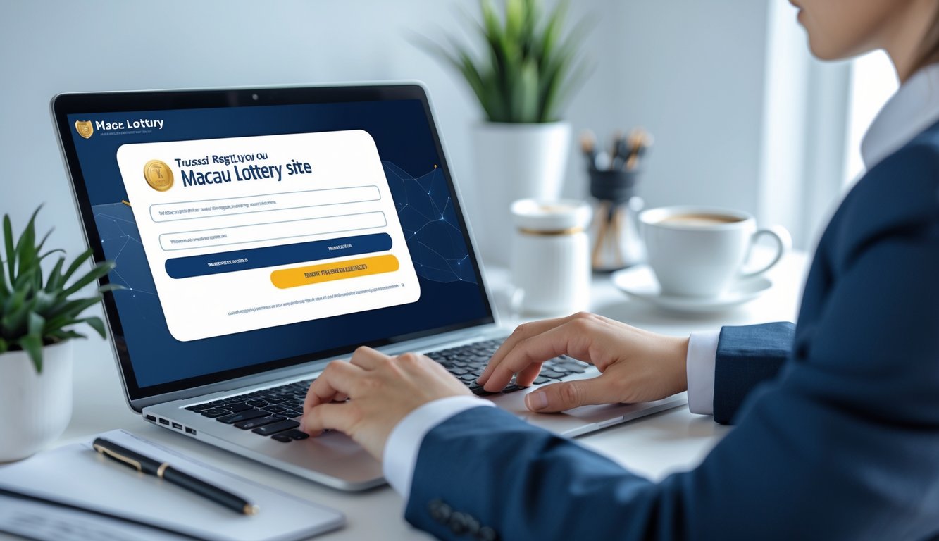 Seseorang sedang mendaftar di situs togel Macau resmi menggunakan komputer di meja kerja yang rapi.