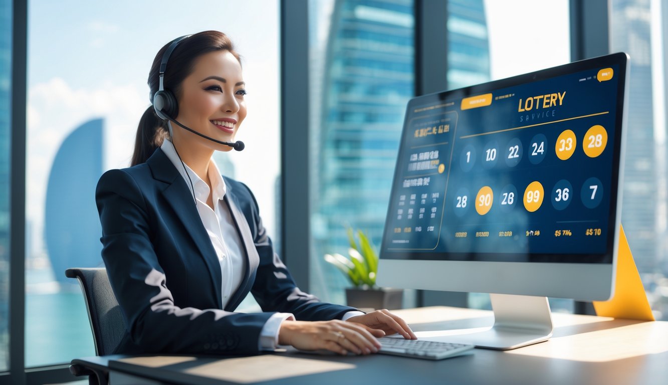 Seorang staf layanan pelanggan profesional sedang bekerja di kantor modern dengan latar kota Macau terlihat melalui jendela.