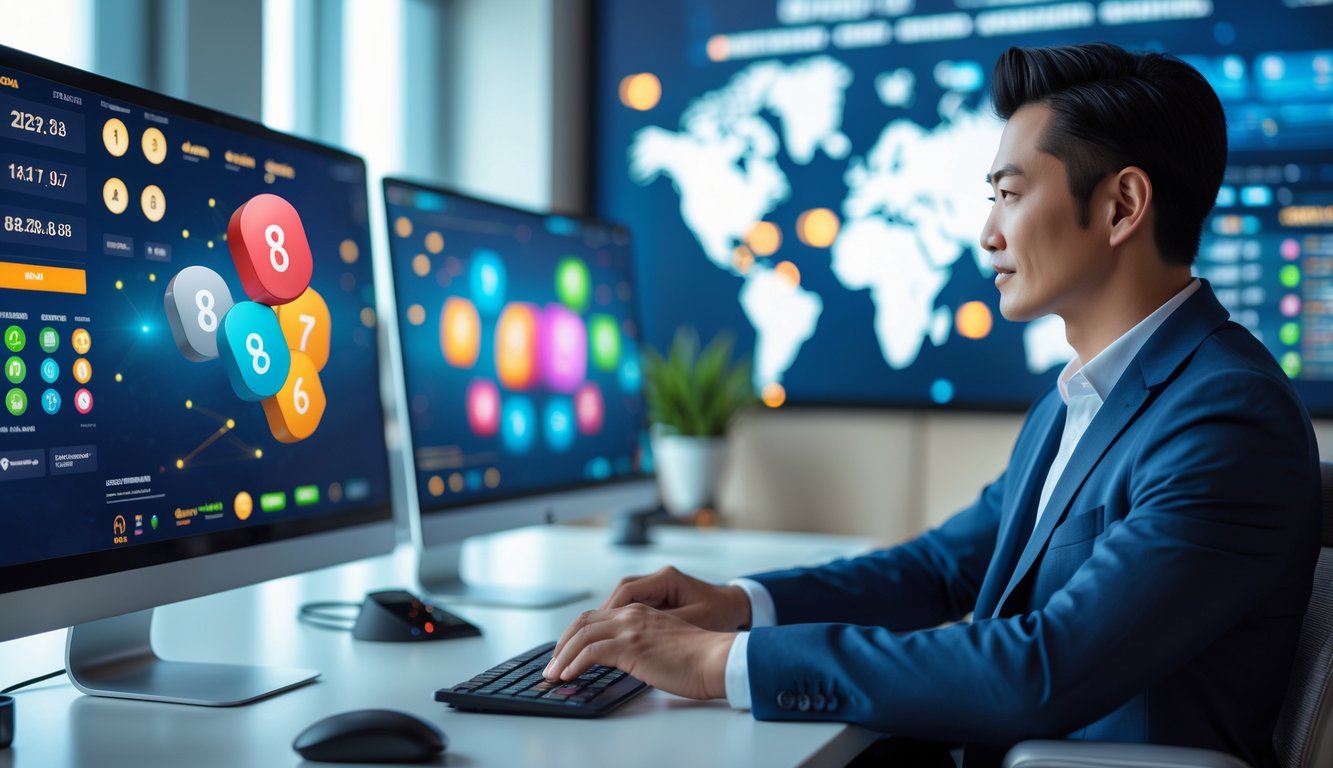 Seorang profesional bisnis Asia duduk di meja dengan beberapa layar komputer yang menampilkan grafik angka lotere dan antarmuka permainan digital di kantor modern.