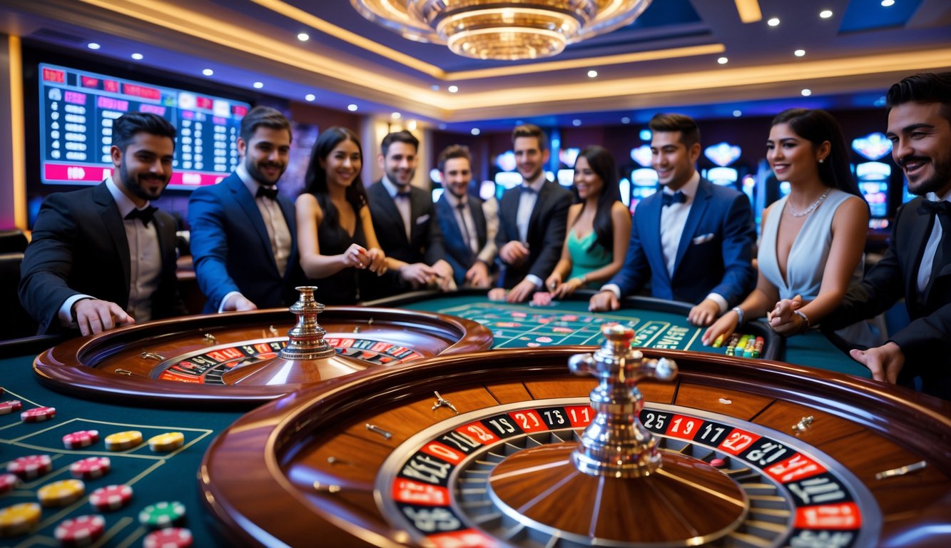 Beberapa orang bermain roulette dengan beberapa roda roulette yang berputar di sebuah meja kasino yang elegan.